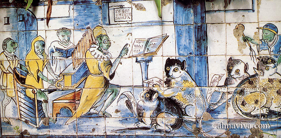 fabrication d'un panneau d'azulejos du palais de la Fronteira avec des singes et des chats