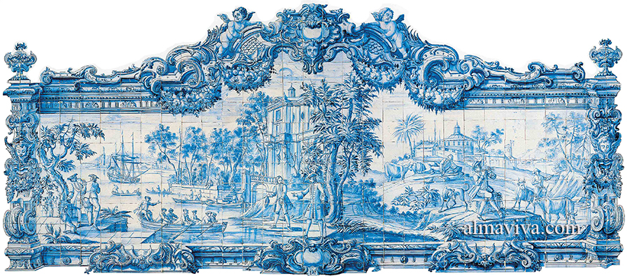 azulejos du portugal peint en blanc et bleu avec un paysage et le cadre découpé