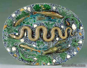 Bernard Palissy plat faïence rustique figuline barbotine