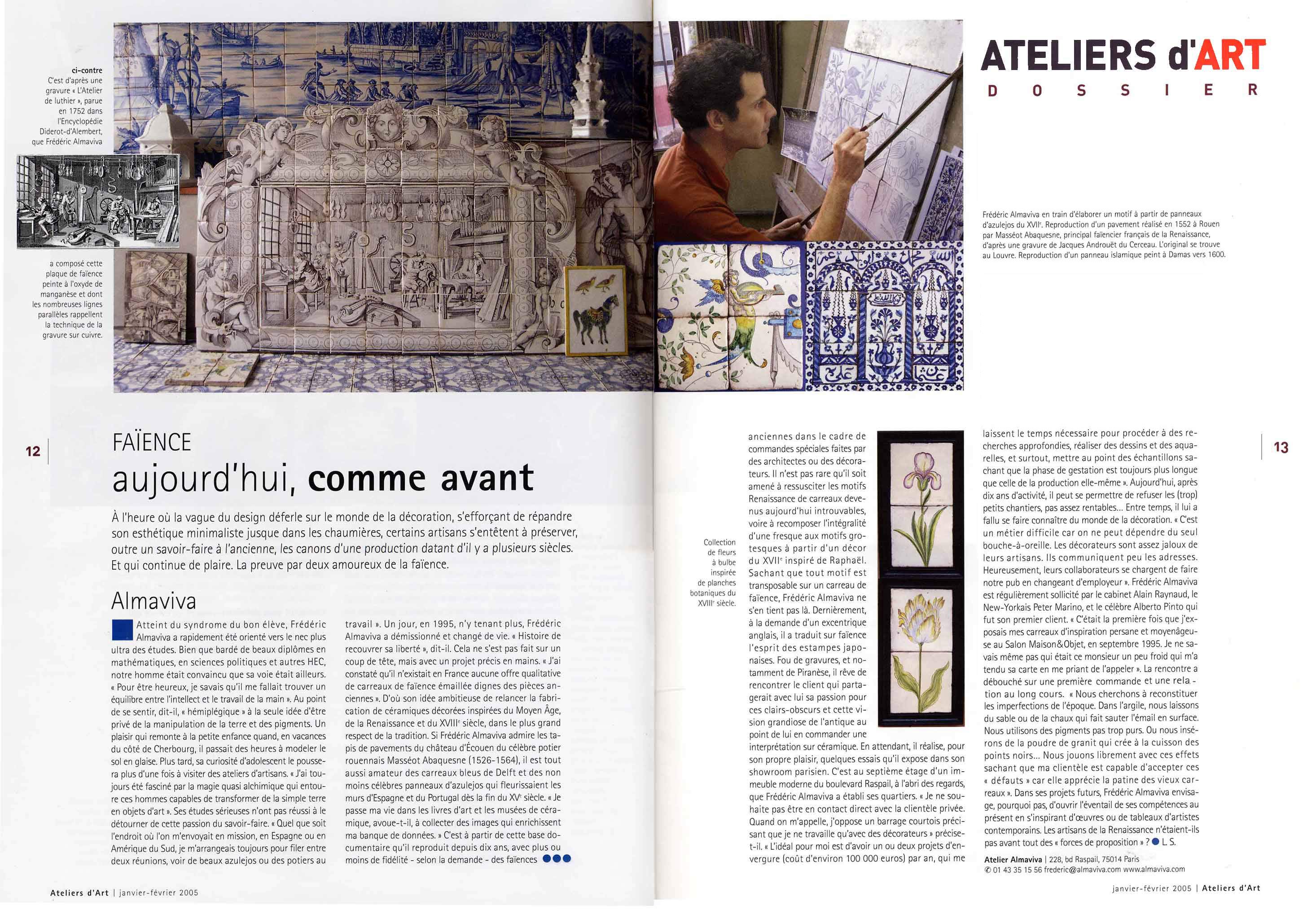 Article des Ateliers d'Art de France sur l'atelier de faïence Almaviva Azulejos