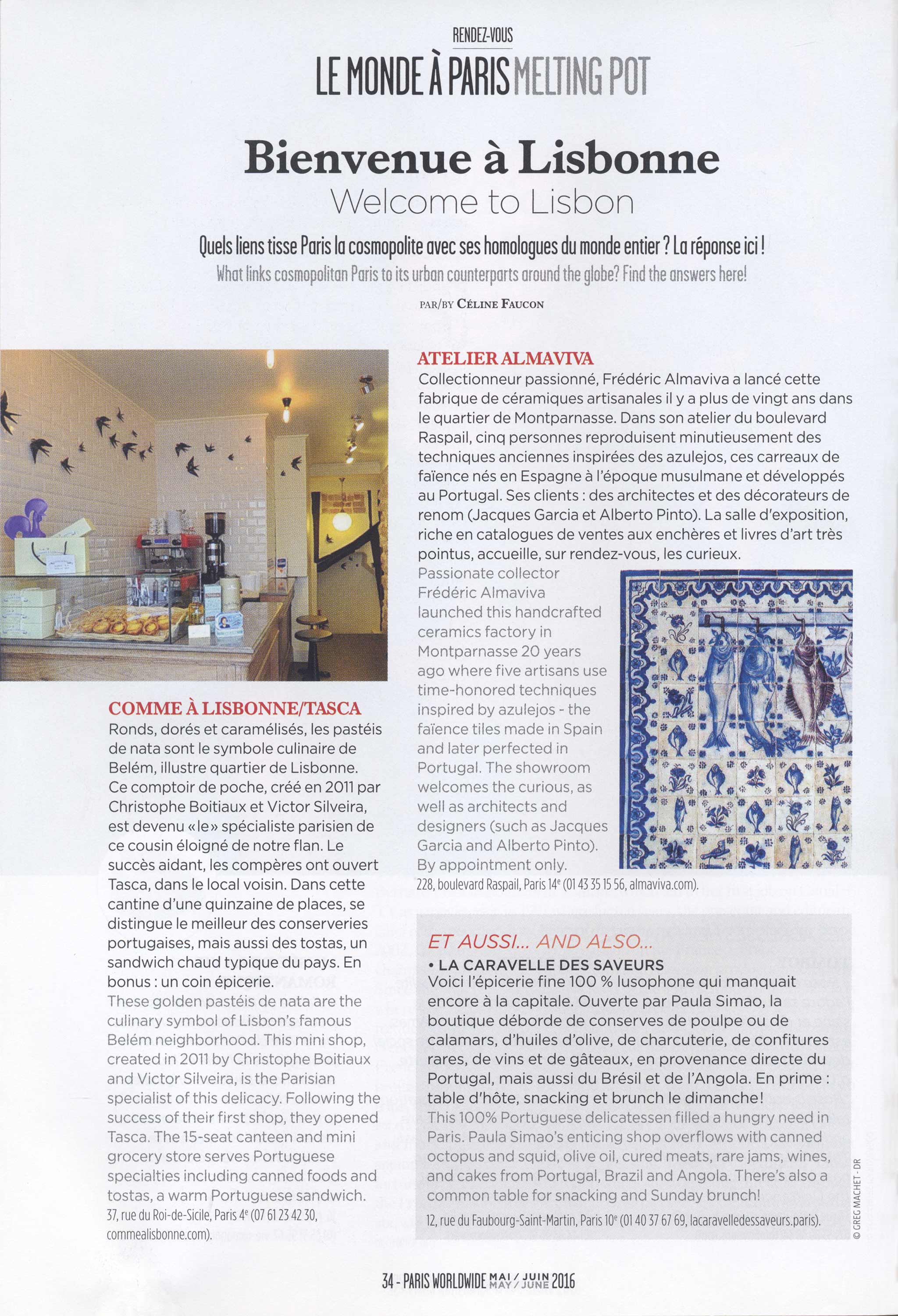 article paru dans Paris-Wordwide en juin 2016 sur l'Atelier Almaviva Azulejos